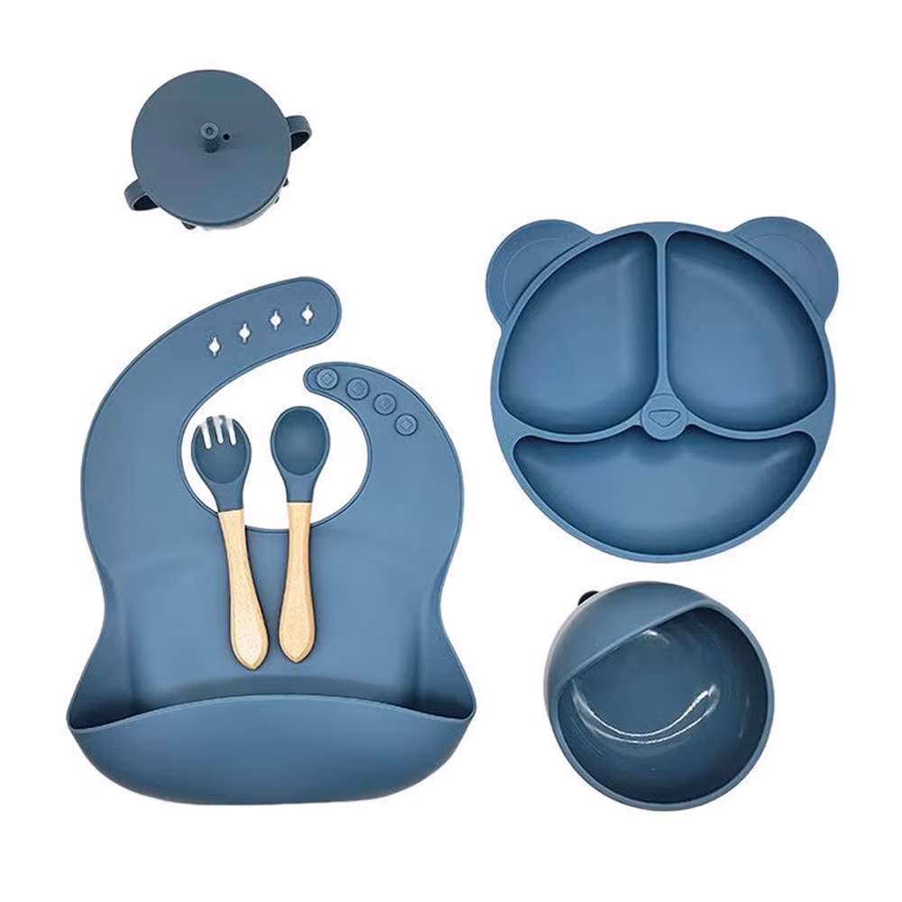 Laste sööginõude komplekt silikoonist 6-osaline - tumesinine