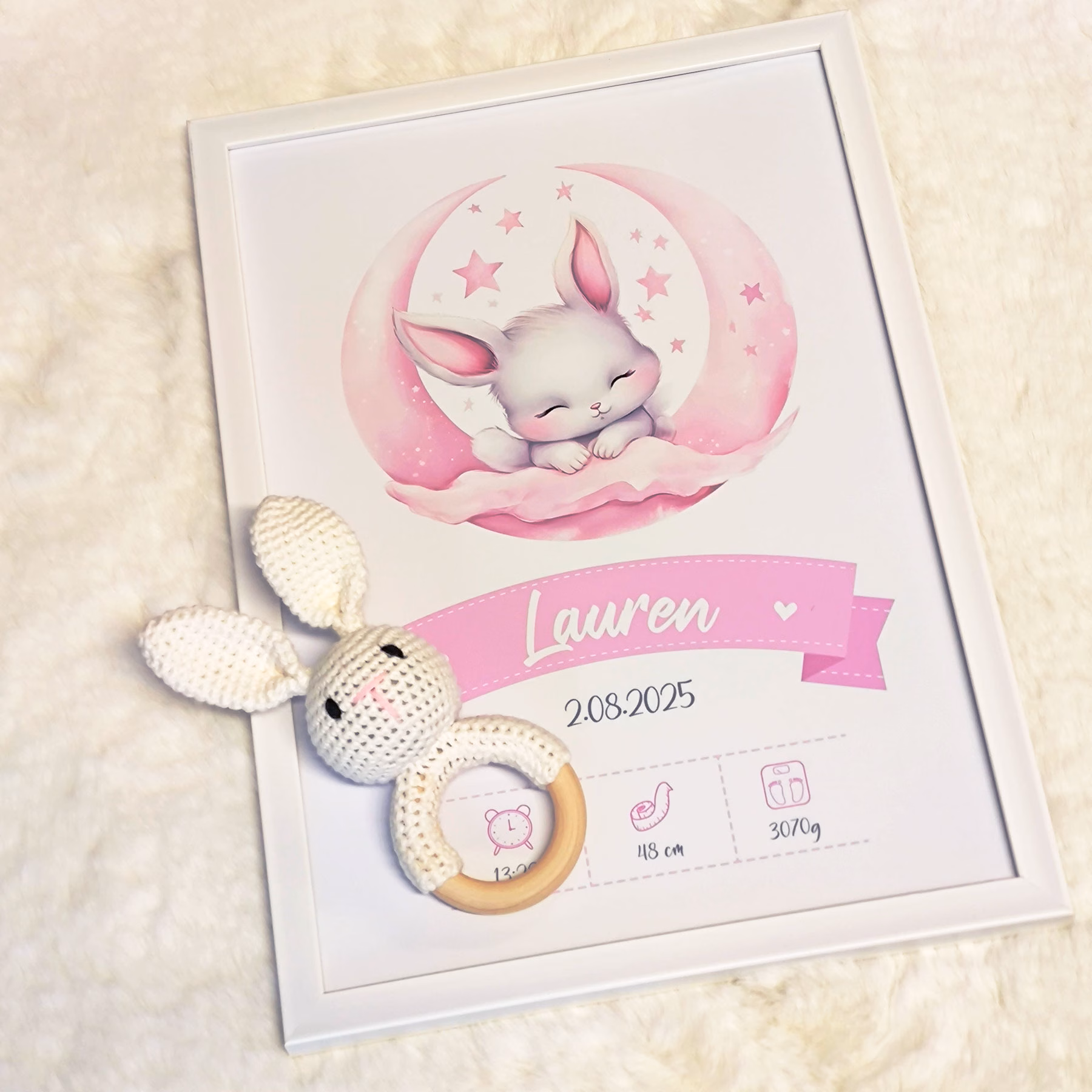 Birth-Details Framed Poster + Personalised Bunny Rattle (Set) - Image 3