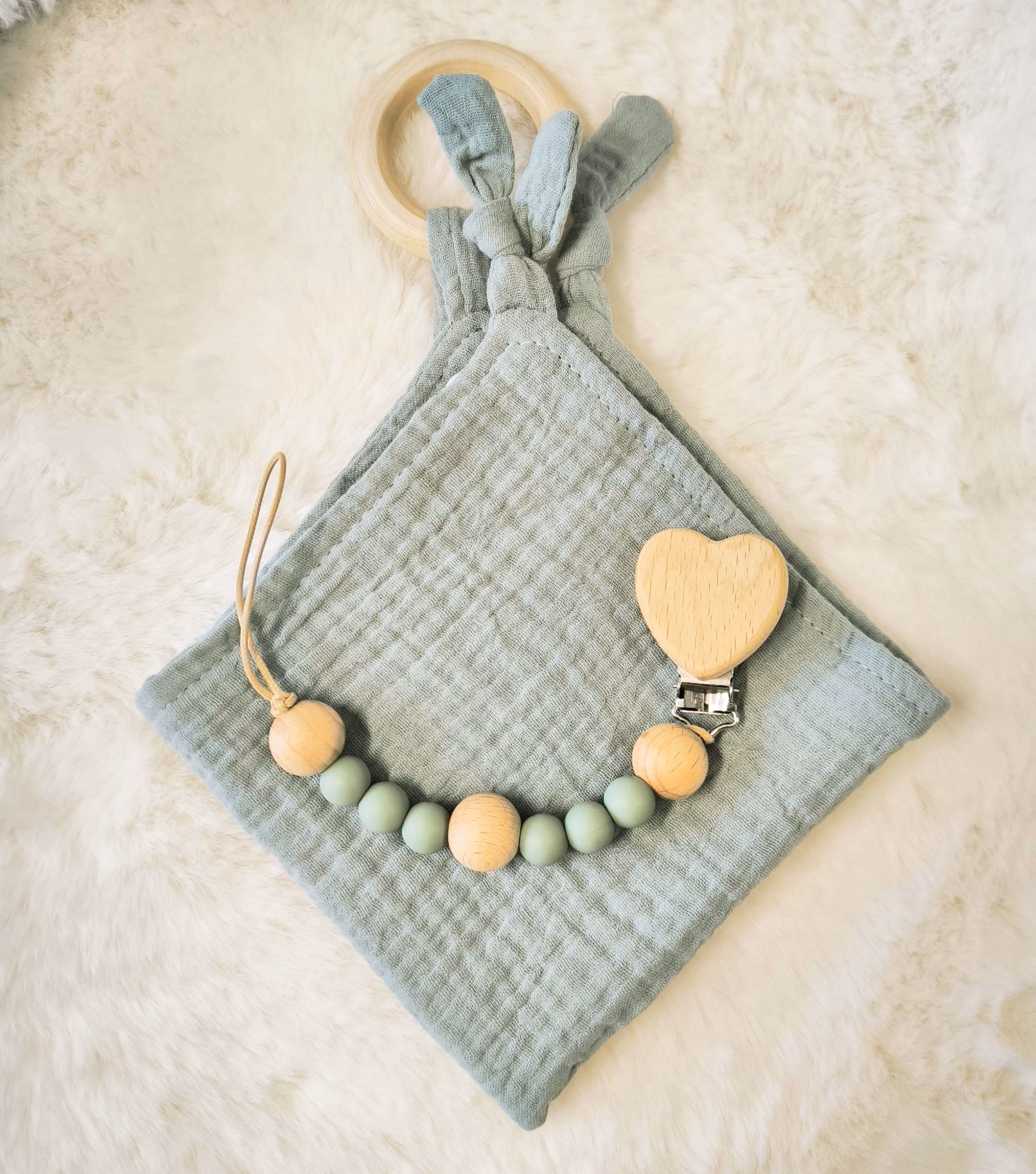 Gift Set: Personalised Pacifier Clip and Muslin Comforter - Olive Green - Image 3