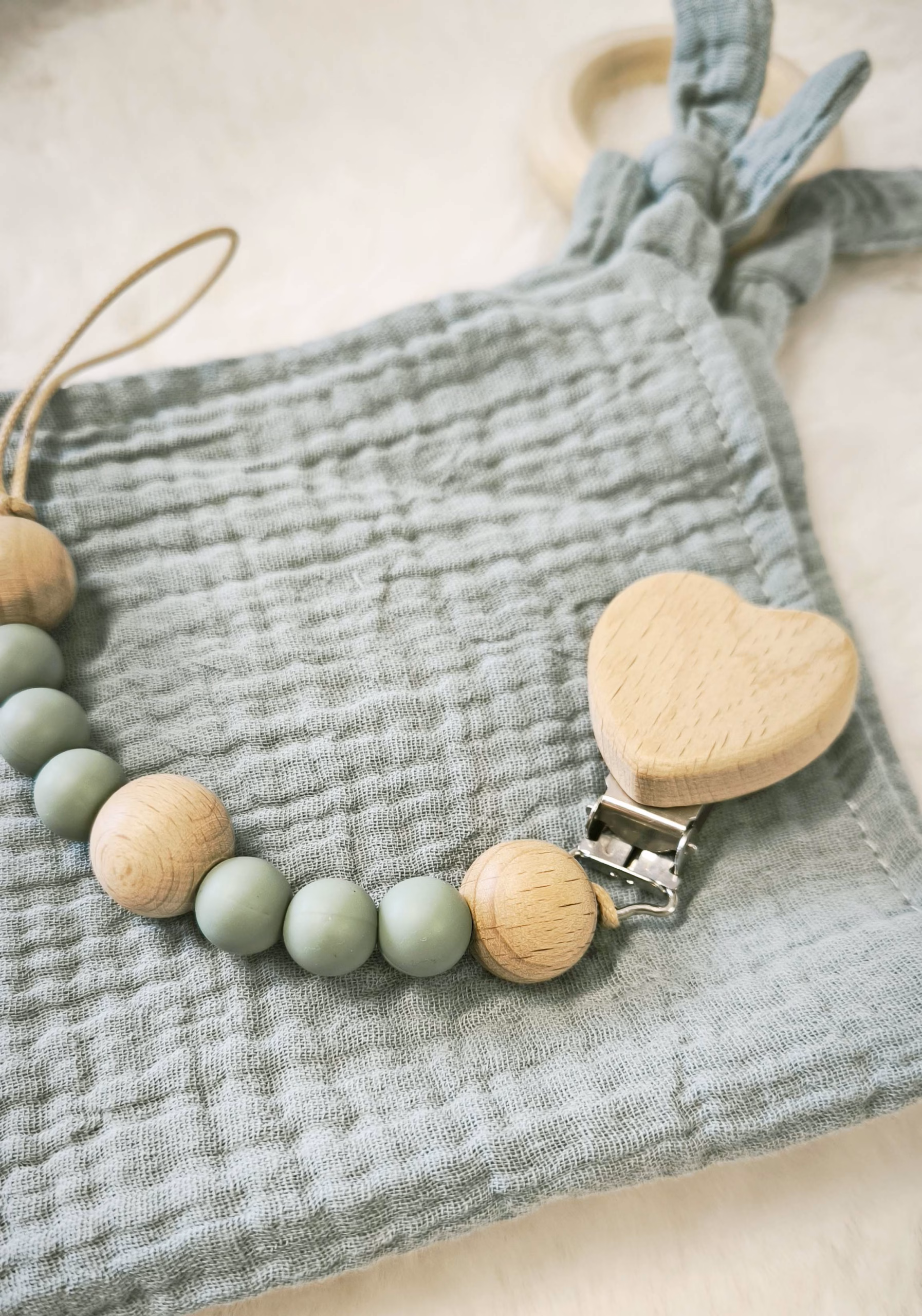 Gift Set: Personalised Pacifier Clip and Muslin Comforter - Olive Green - Image 2