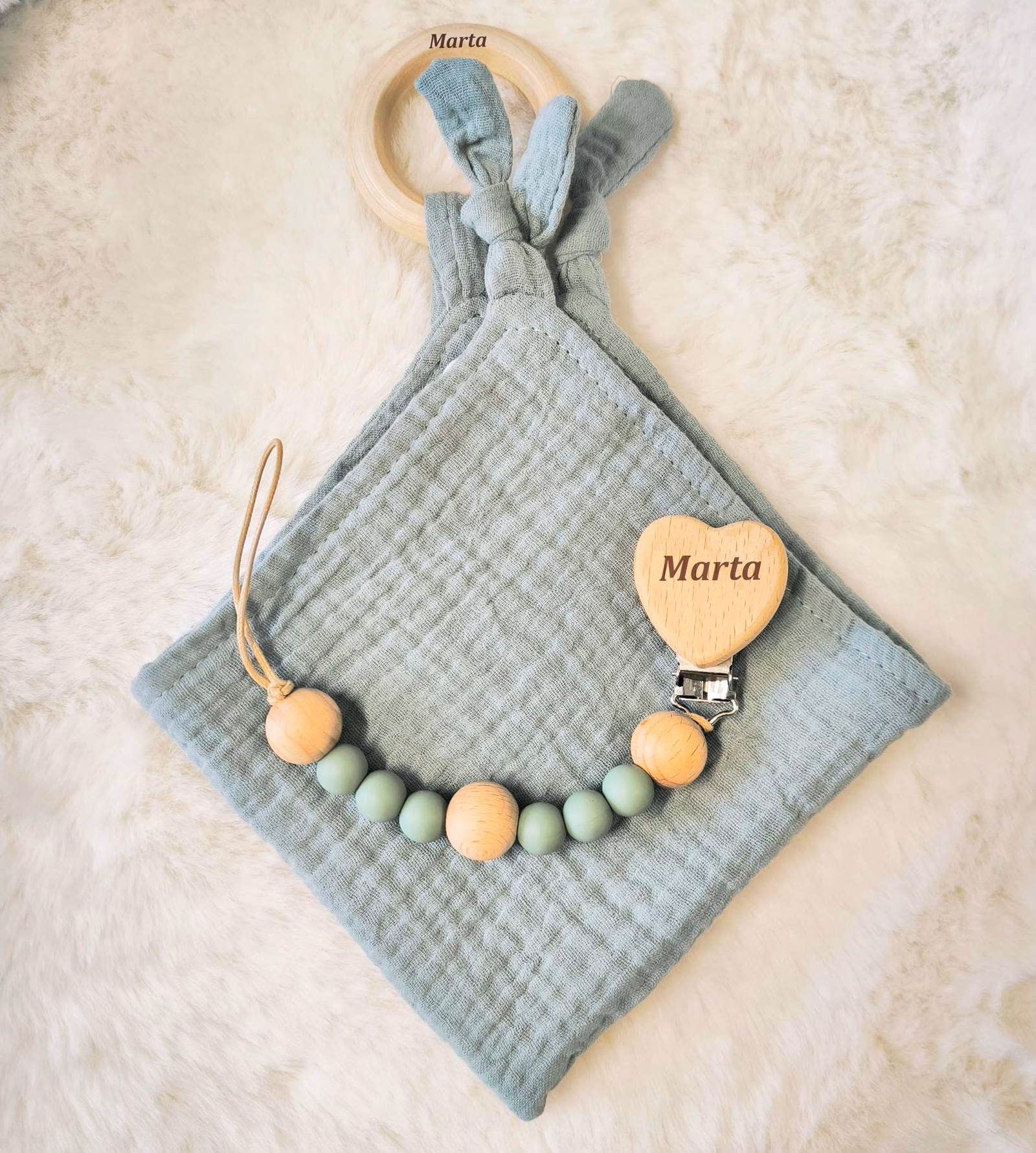 Gift Set: Personalised Pacifier Clip and Muslin Comforter - Olive Green