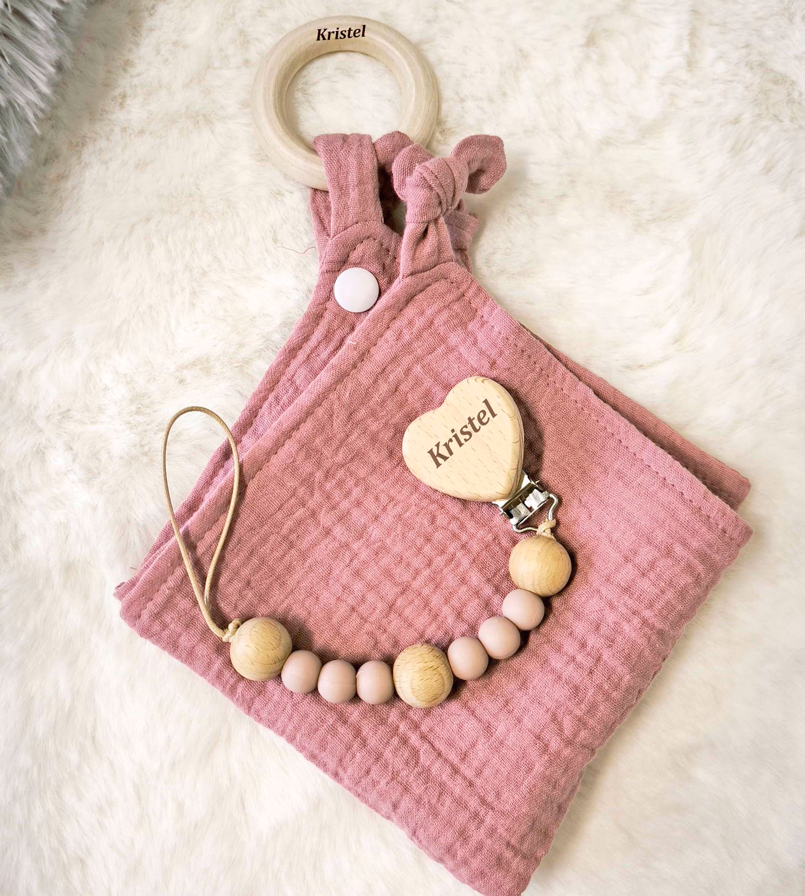 Gift Set: Personalised Pacifier Clip and Muslin Comforter - Pink