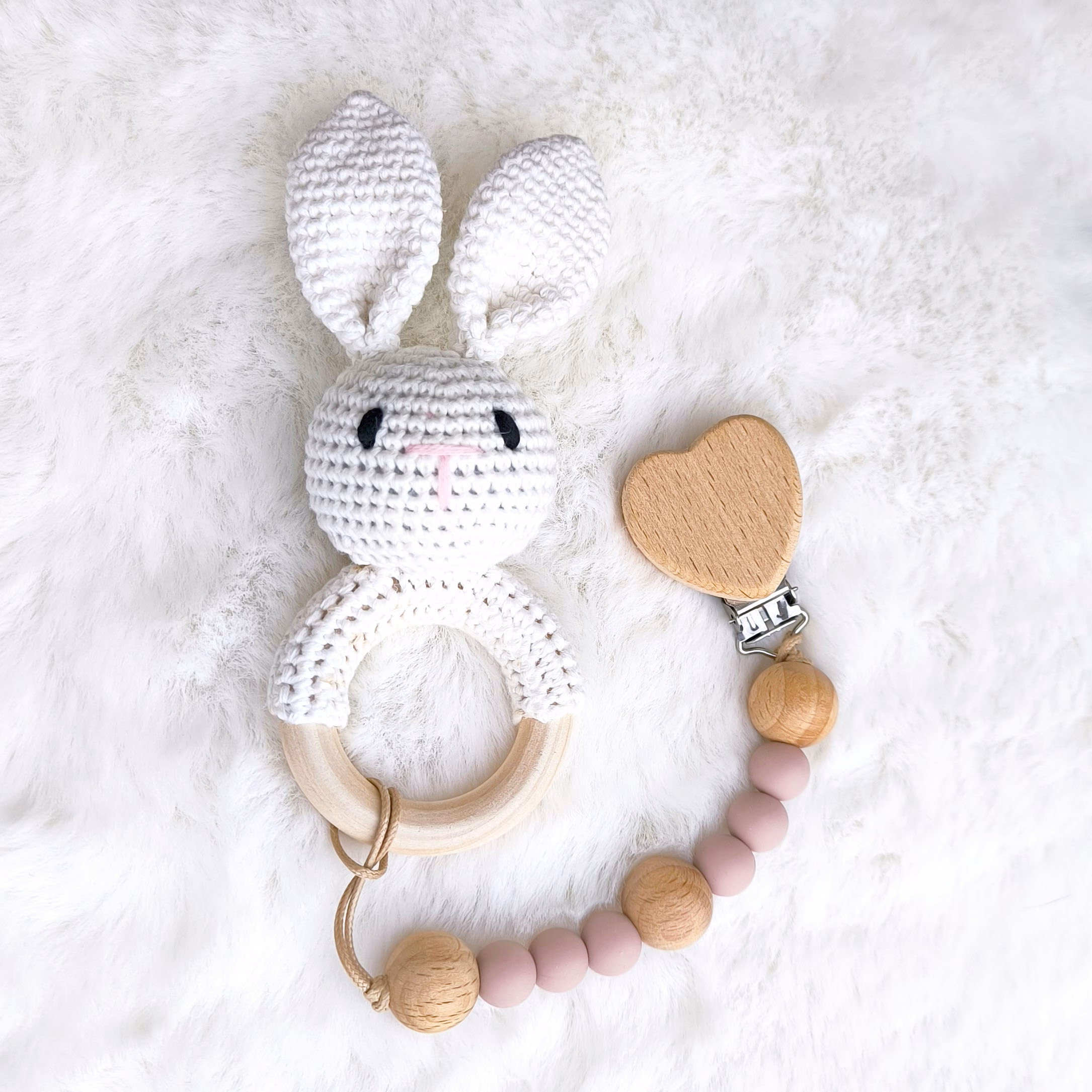 Personalised Pacifier Clip with Heart and Bunny Rattle - Choose Your Colours