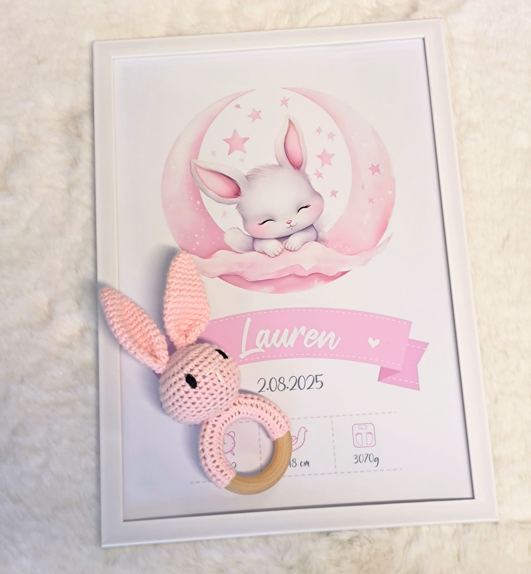 Birth-Details Framed Poster + Personalised Bunny Rattle (Set) - Image 2