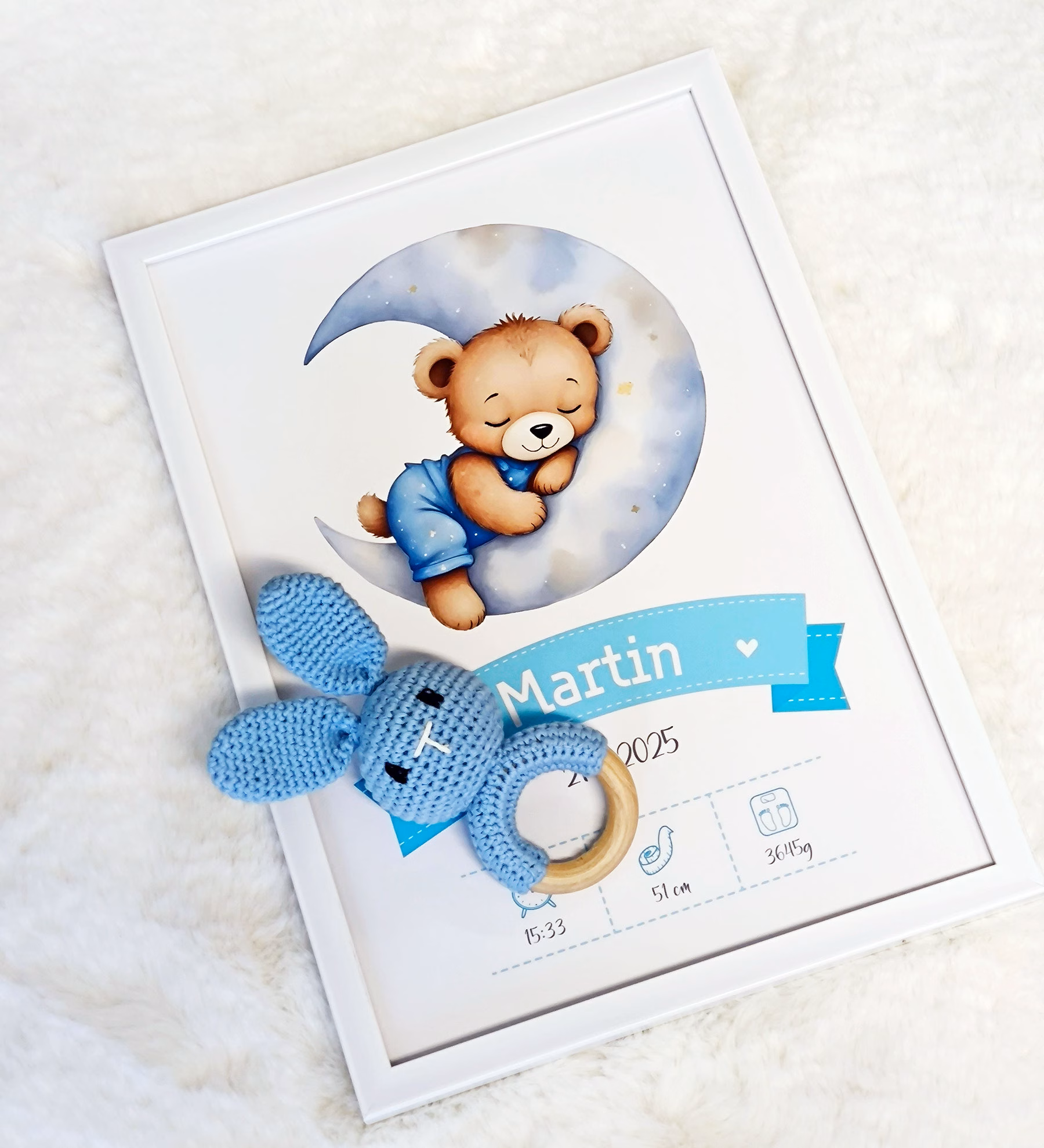 Birth-Details Framed Poster + Personalised Bunny Rattle (Set)