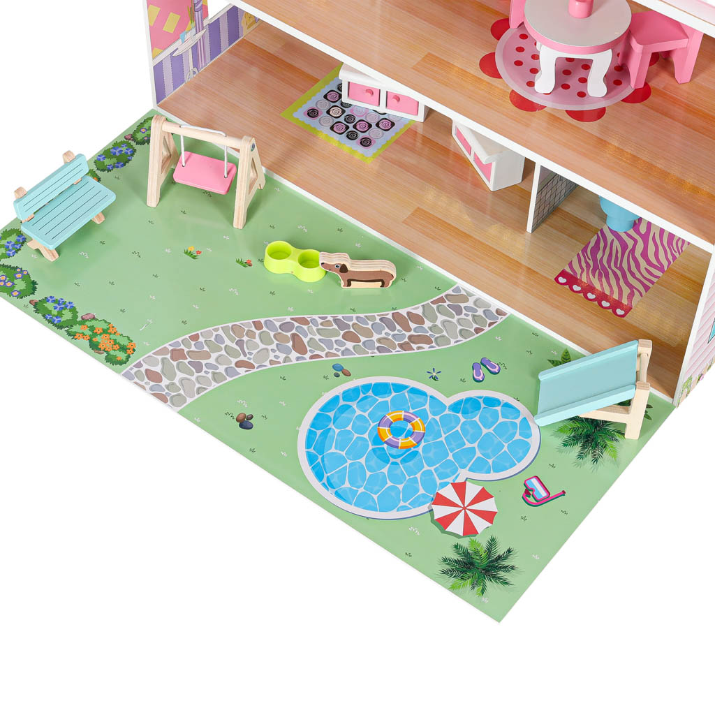 Lulilo Gardeno Wooden Dollhouse with Garden, Furniture and LED Lights, 70 cm, Pink - Image 3