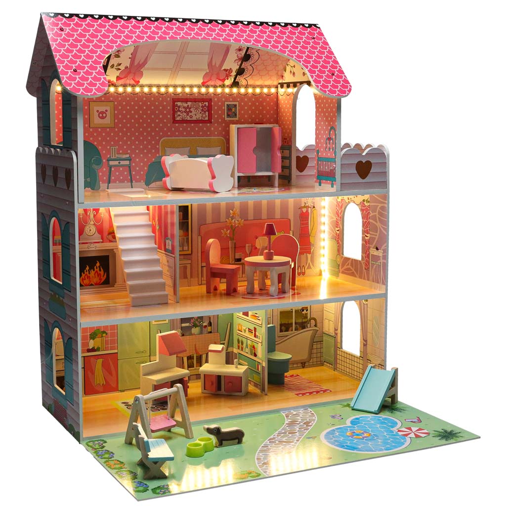 Lulilo Gardeno Wooden Dollhouse with Garden, Furniture and LED Lights, 70 cm, Pink - Image 4