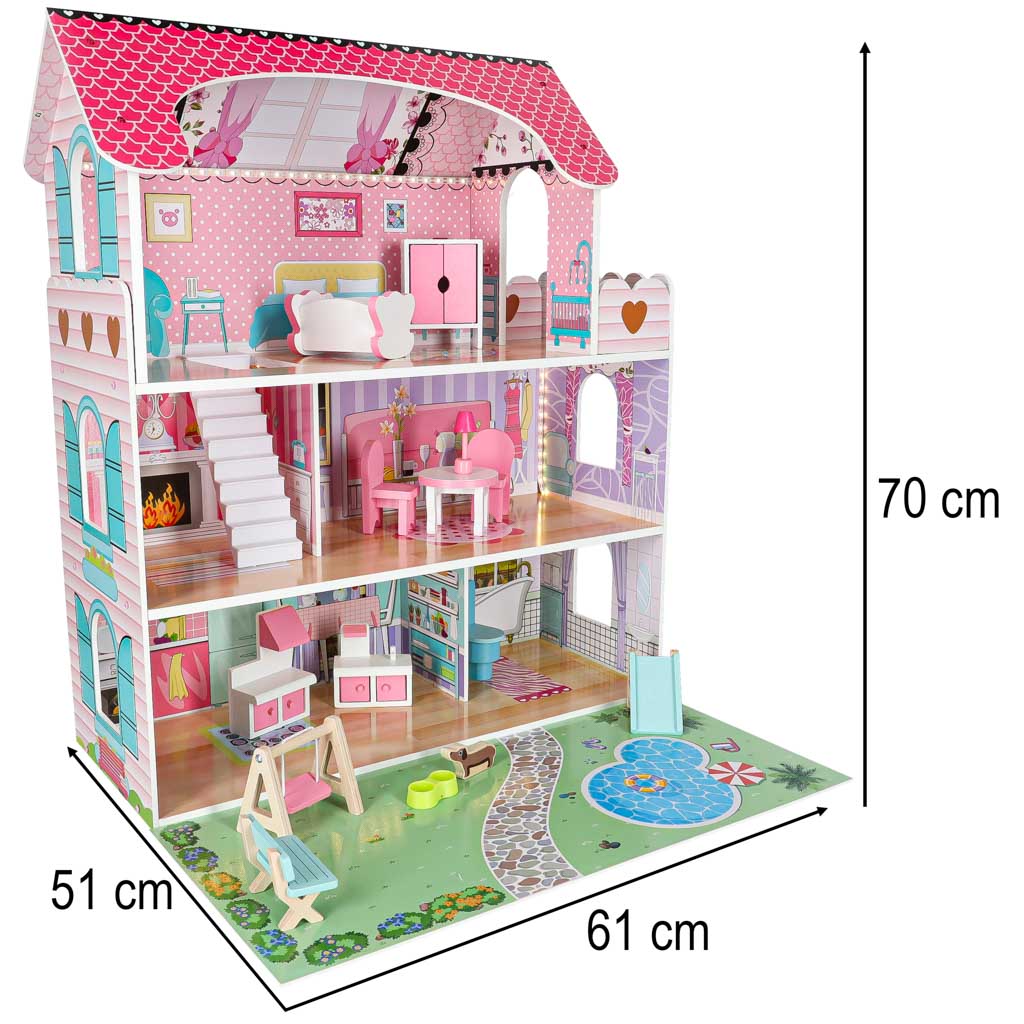 Lulilo Gardeno Wooden Dollhouse with Garden, Furniture and LED Lights, 70 cm, Pink - Image 11