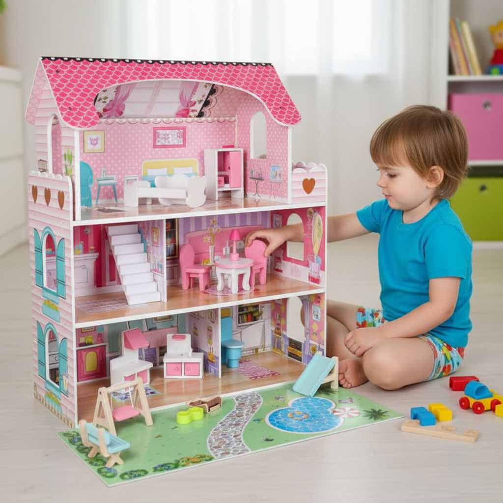 Lulilo Gardeno Wooden Dollhouse with Garden, Furniture and LED Lights, 70 cm, Pink - Image 10