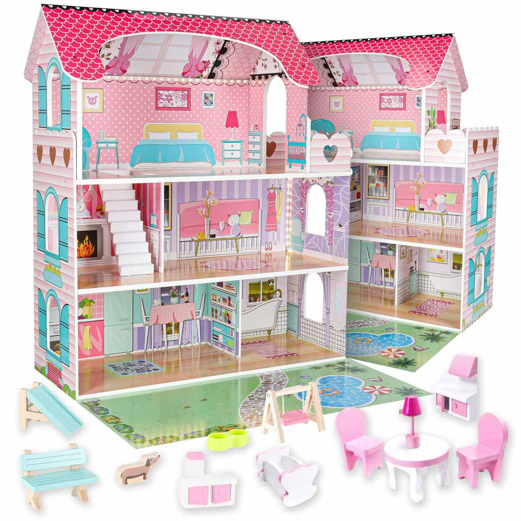Lulilo Gardeno Wooden Dollhouse with Garden, Furniture and LED Lights, 70 cm, Pink - Image 9