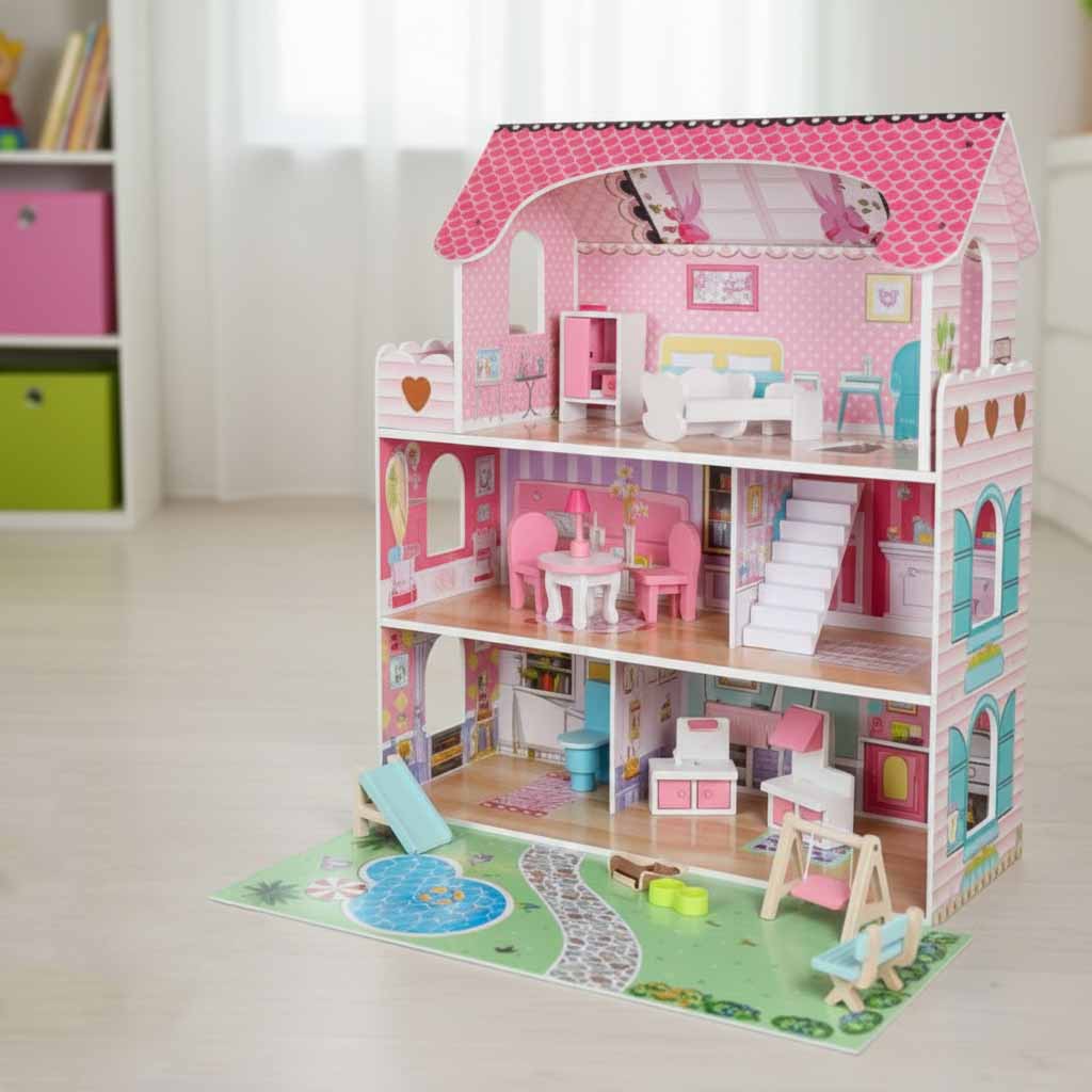 Lulilo Gardeno Wooden Dollhouse with Garden, Furniture and LED Lights, 70 cm, Pink - Image 8