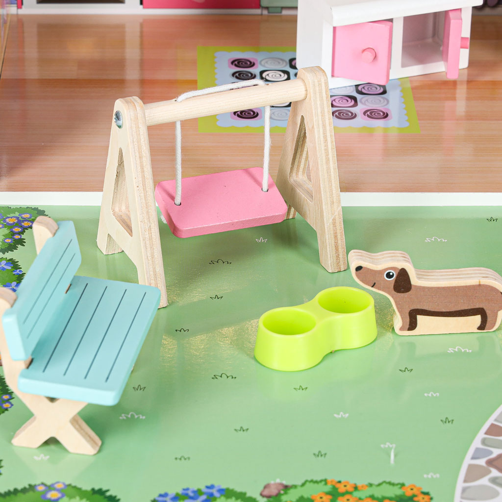 Lulilo Gardeno Wooden Dollhouse with Garden, Furniture and LED Lights, 70 cm, Pink - Image 6