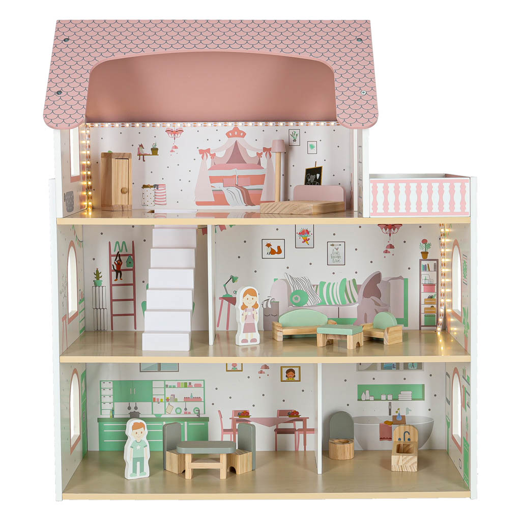 Lulilo Peonio Wooden Dollhouse with Balcony, Furniture and LED Lights, 70 cm, Pink - Image 2