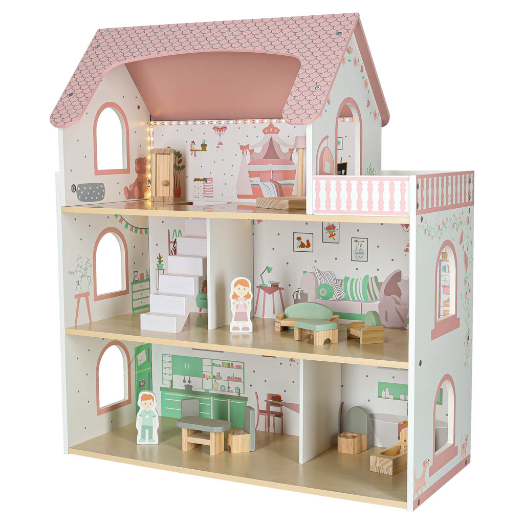 Lulilo Peonio Wooden Dollhouse with Balcony, Furniture and LED Lights, 70 cm, Pink - Image 3