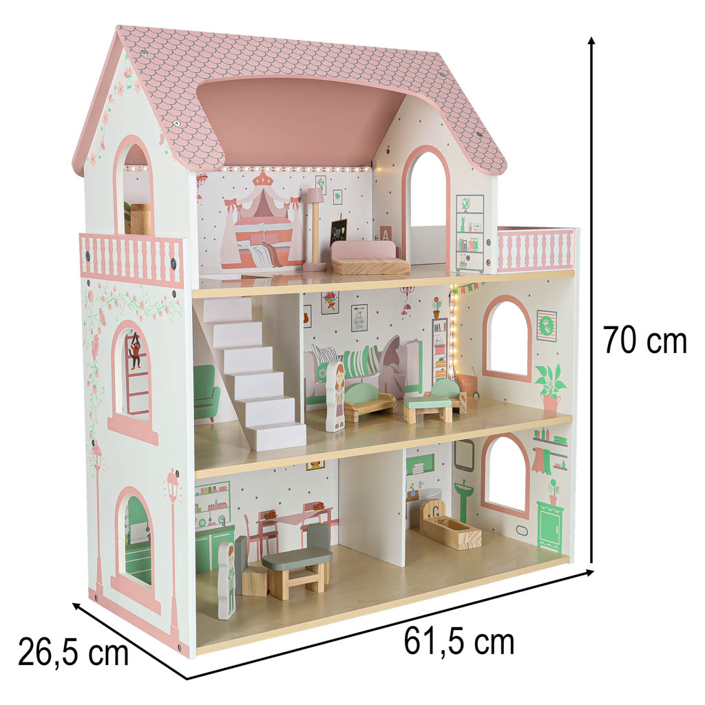 Lulilo Peonio Wooden Dollhouse with Balcony, Furniture and LED Lights, 70 cm, Pink - Image 4