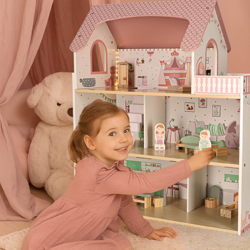 Lulilo Peonio Wooden Dollhouse with Balcony, Furniture and LED Lights, 70 cm, Pink - Image 8