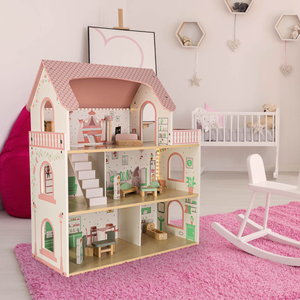 Lulilo Peonio Wooden Dollhouse with Balcony, Furniture and LED Lights, 70 cm, Pink - Image 7