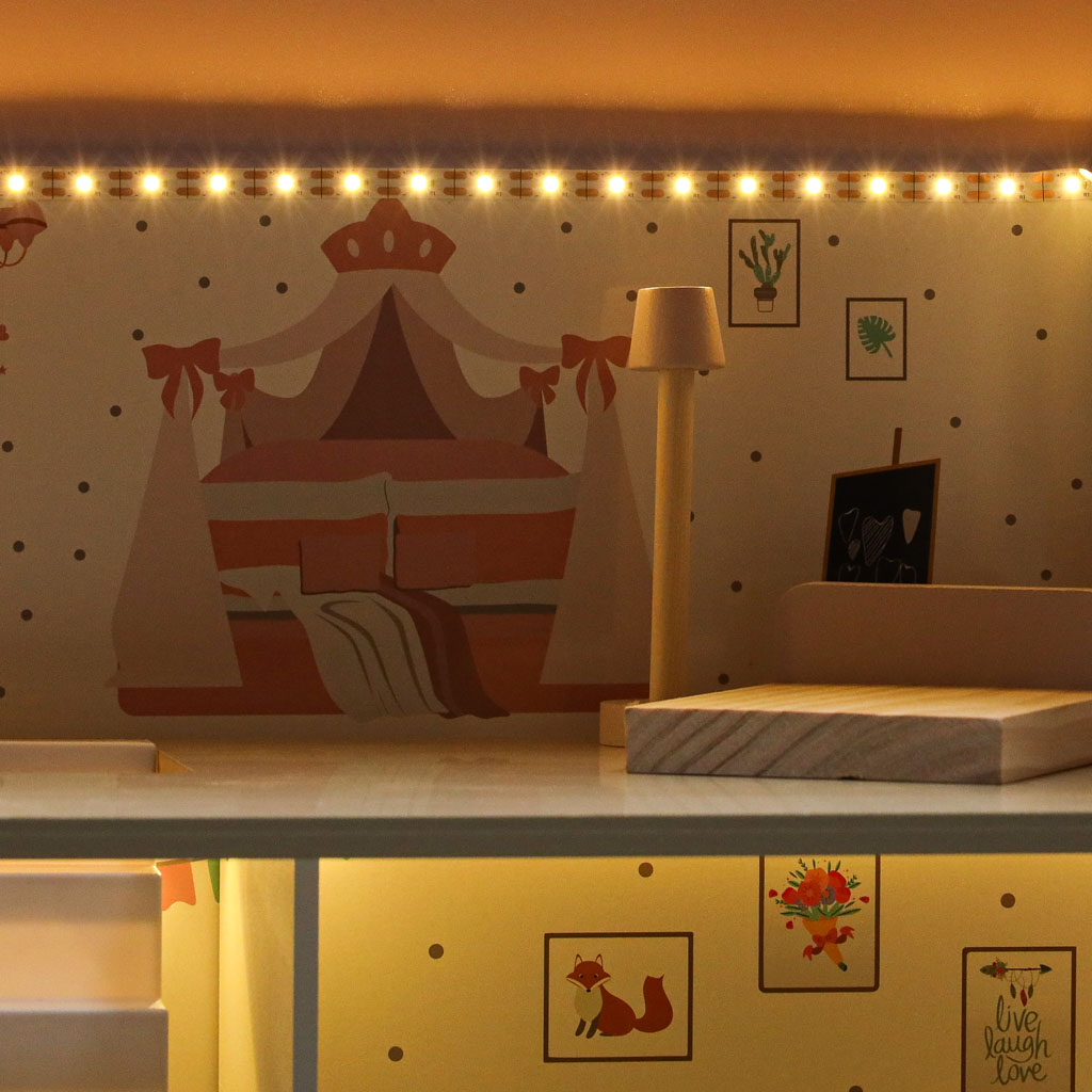 Lulilo Peonio Wooden Dollhouse with Balcony, Furniture and LED Lights, 70 cm, Pink - Image 6
