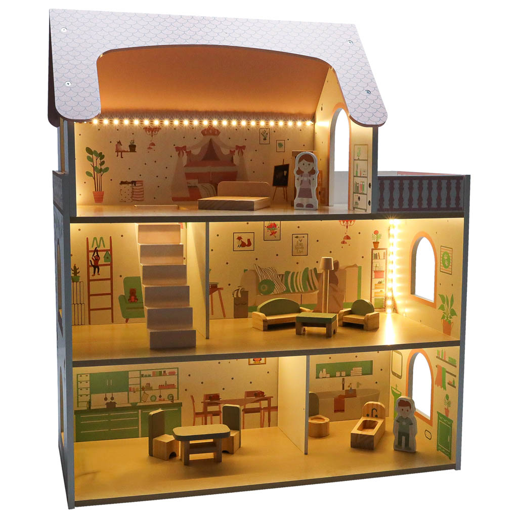 Lulilo Peonio Wooden Dollhouse with Balcony, Furniture and LED Lights, 70 cm, Pink - Image 5