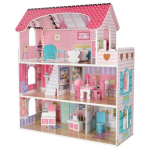 Wooden Dollhouse with Furniture and LED Lights, 3 Floors, 70 cm, Pink