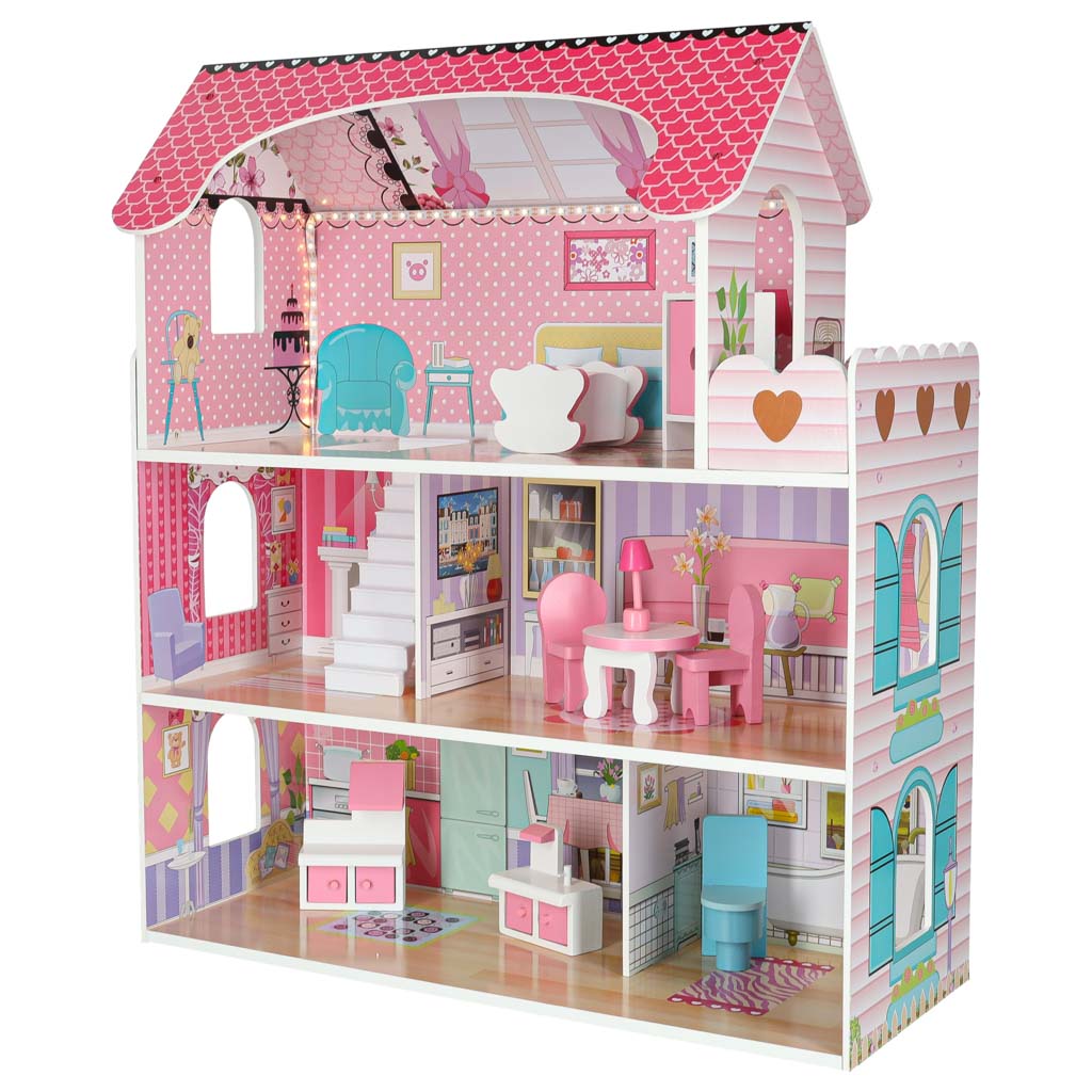 Wooden Dollhouse with Furniture and LED Lights, 3 Floors, 70 cm, Pink