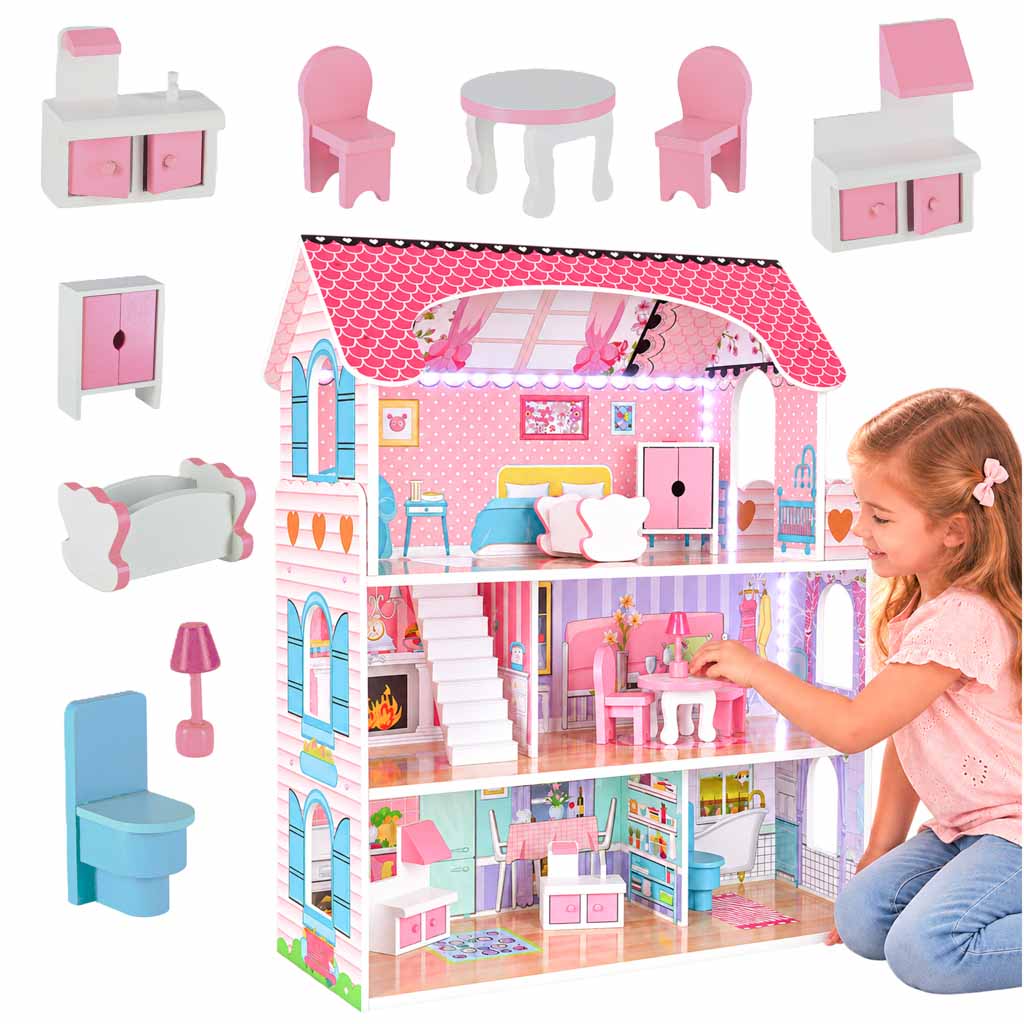 Wooden Dollhouse with Furniture and LED Lights, 3 Floors, 70 cm, Pink - Image 2