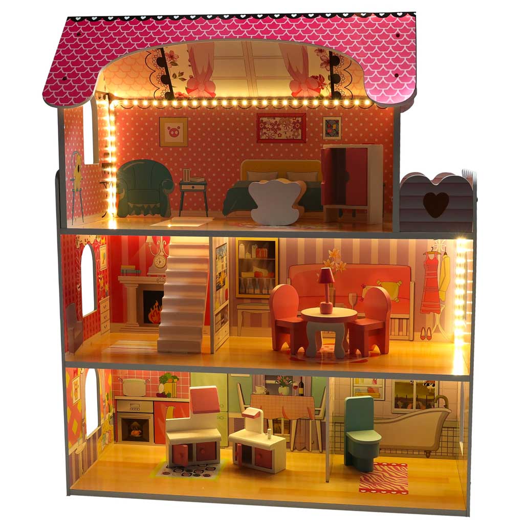 Wooden Dollhouse with Furniture and LED Lights, 3 Floors, 70 cm, Pink - Image 3