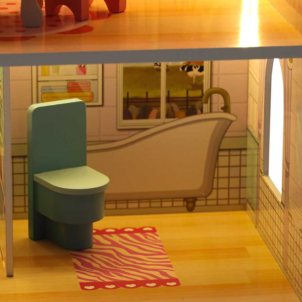 Wooden Dollhouse with Furniture and LED Lights, 3 Floors, 70 cm, Pink - Image 4