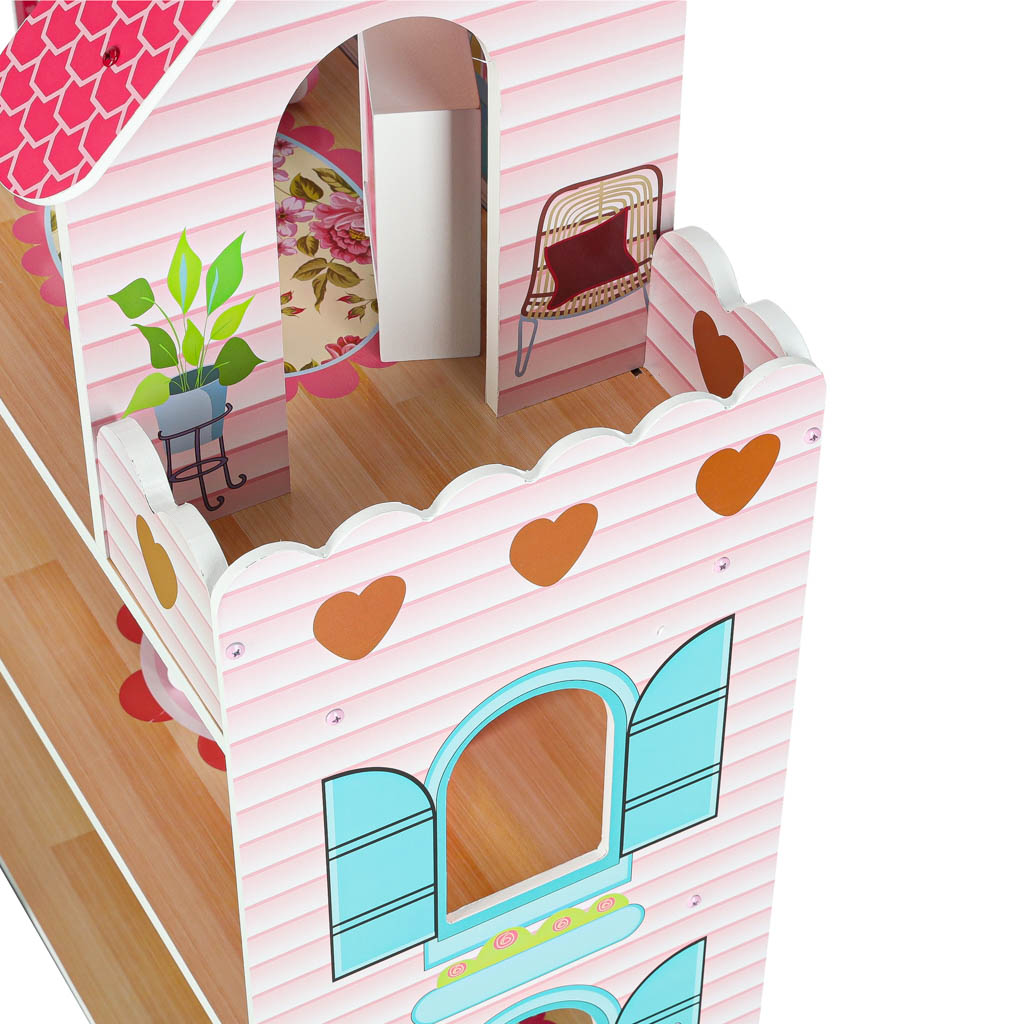 Wooden Dollhouse with Furniture and LED Lights, 3 Floors, 70 cm, Pink - Image 5