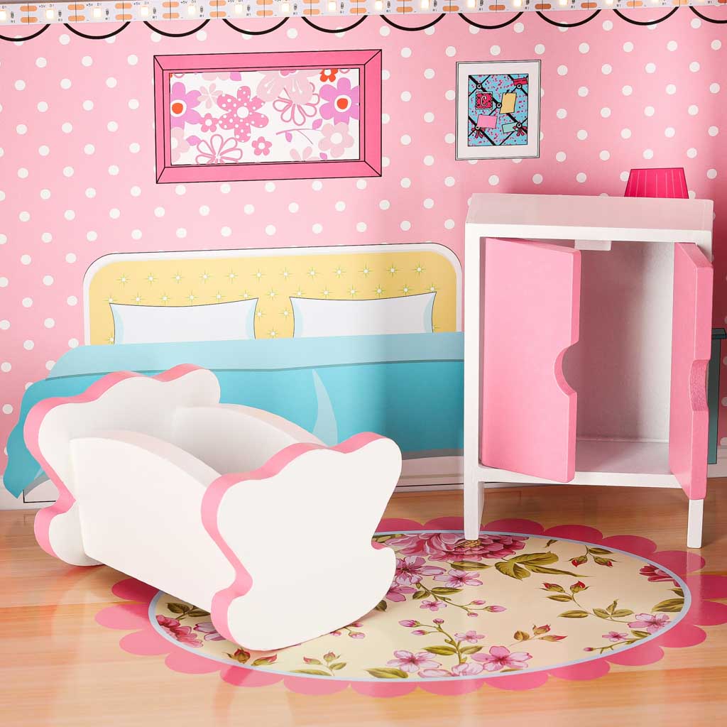 Wooden Dollhouse with Furniture and LED Lights, 3 Floors, 70 cm, Pink - Image 6