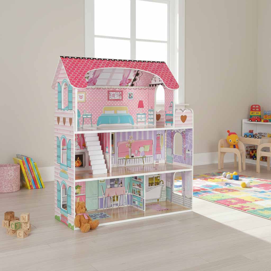 Wooden Dollhouse with Furniture and LED Lights, 3 Floors, 70 cm, Pink - Image 7